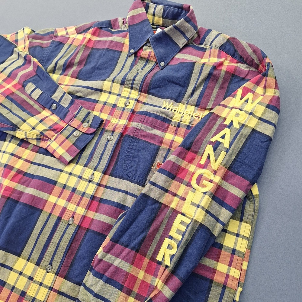 Wrangler Twenty X Mens Plaid Button Down Western Shirt Blue Red Yellow MJ6562M
